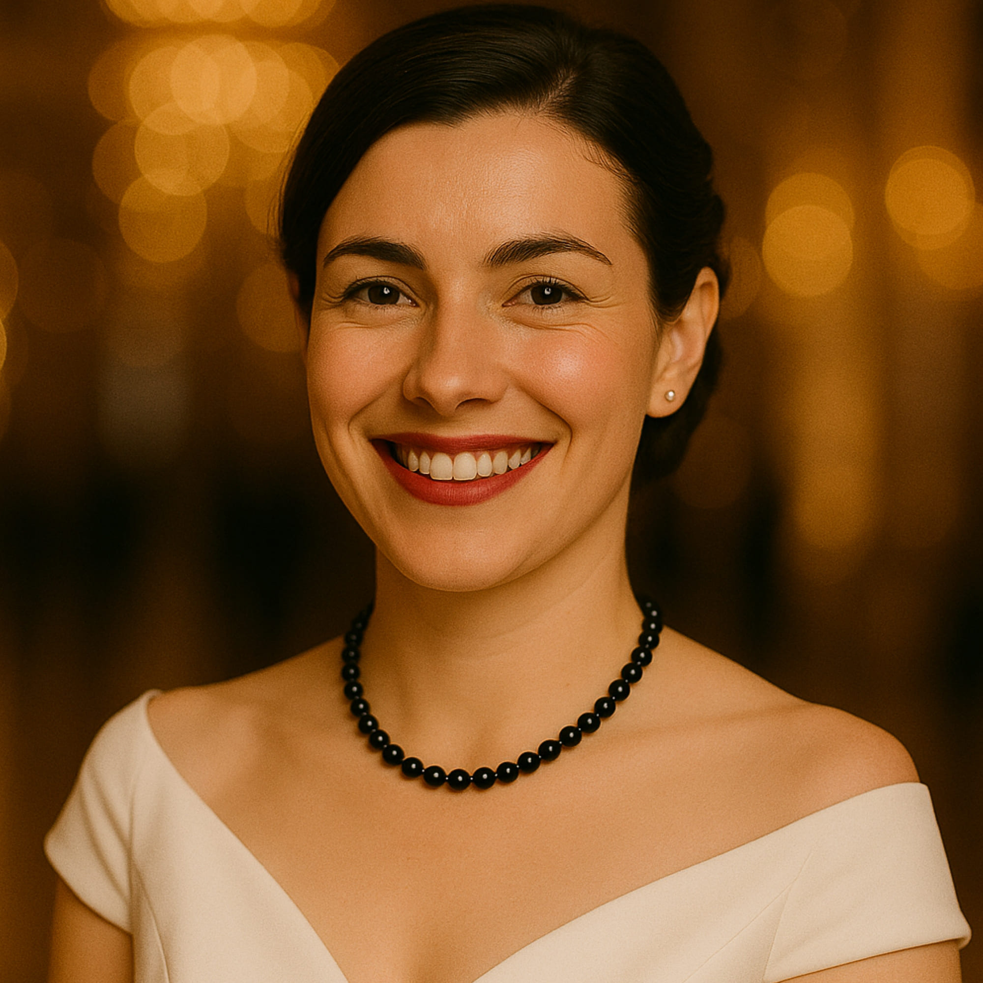 Colier cu Perle Negre 7–8 mm, la Baza Gâtului, Închizătoare Aur 14K, Vedere Frontală, Zâmbet Natural